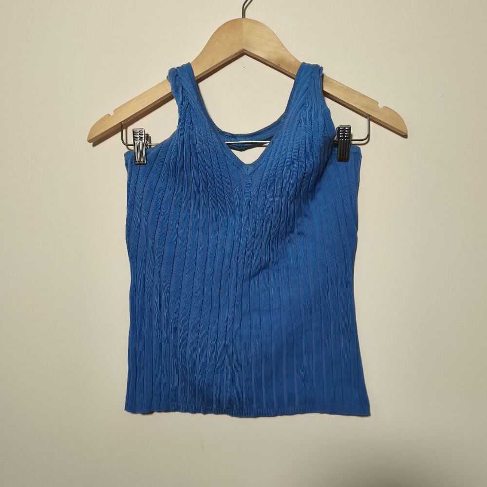 90s Y2K Poppy Ribbed Knit V-neck Halter Top Sx XL Blue Boho Festival Minimalist